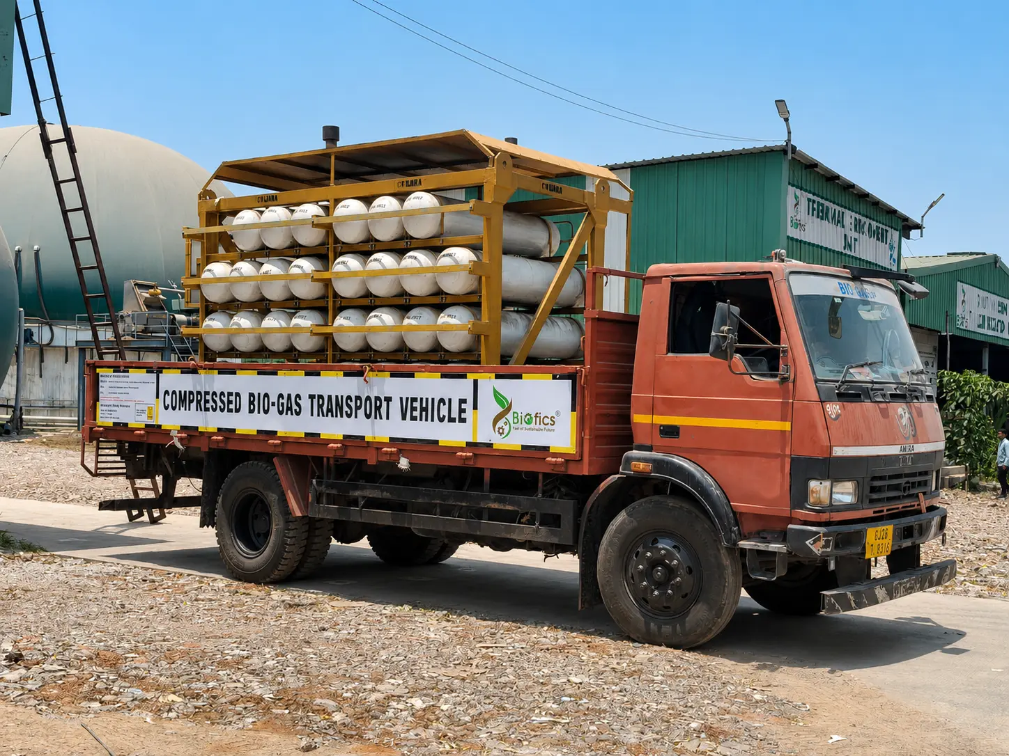 Compressed Bio-Gas cascade transport vehicle at a Biofics CBG plant in India