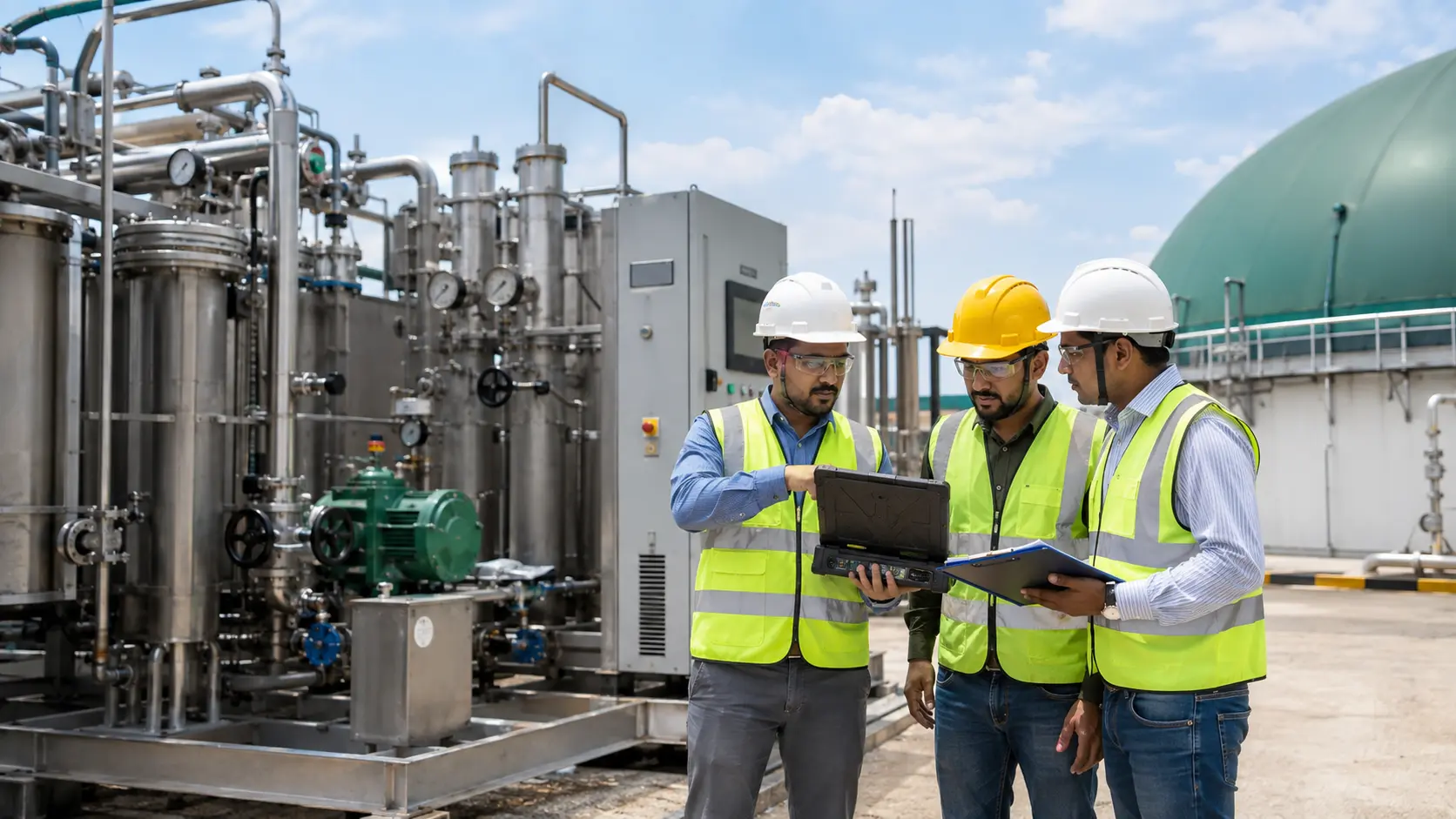 Engineers reviewing CBG plant commissioning data and process performance at the project site