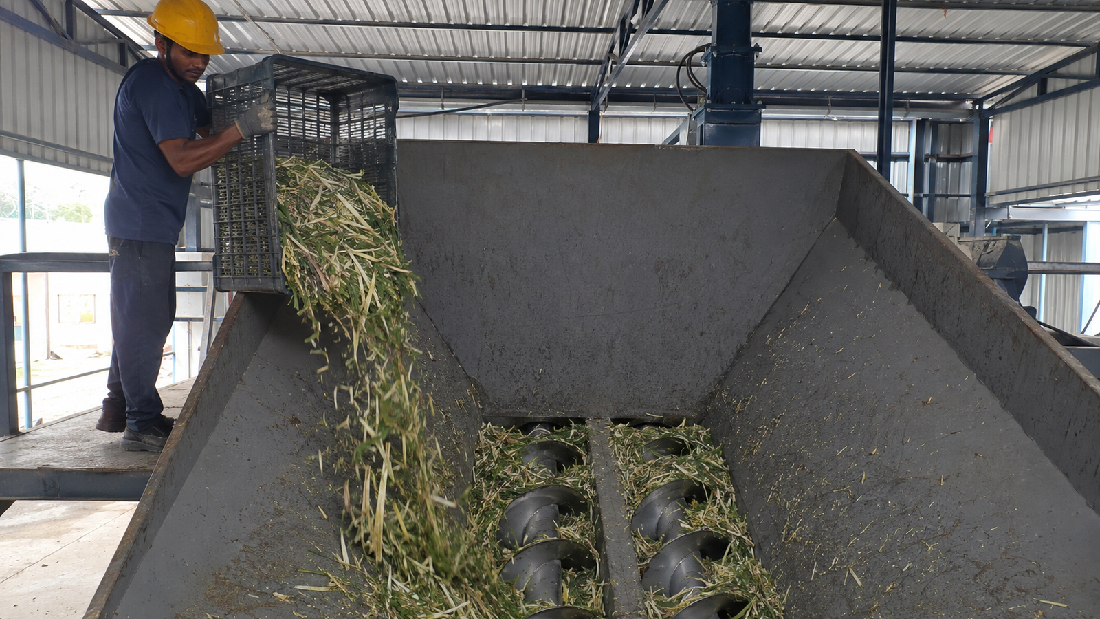 Feedstock reception and processing equipment at an Indian Bio-CNG plant